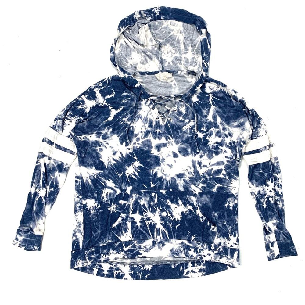 Tie Dye Lace Up Contrast Sleeve Stripe Hooded Knit Top